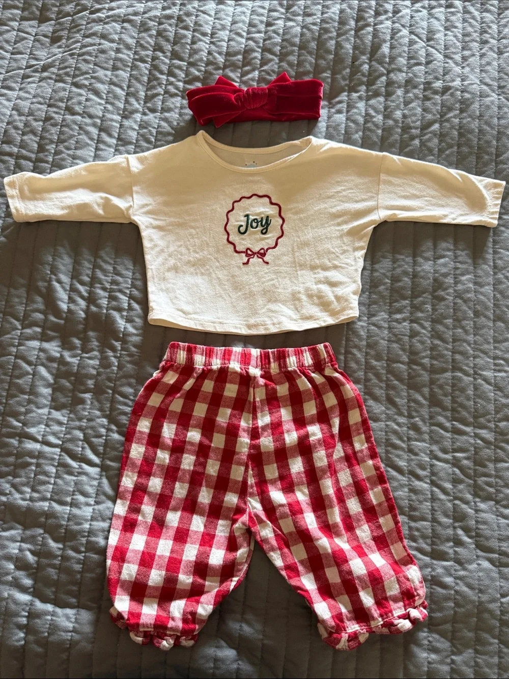 cloud island White Top and Red Gingham Pajama Set with Headband